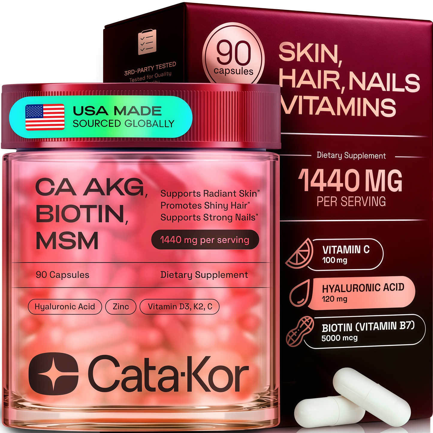 Hair Skin and Nails Supplement with Ca AKG | MSM | Hyaluronic Acid | Biotin | Vitamin C & Vitamin D3 K2 – Supports Radiant Skin, Promotes Shiny Hair & Strong Nails – 90 Capsules