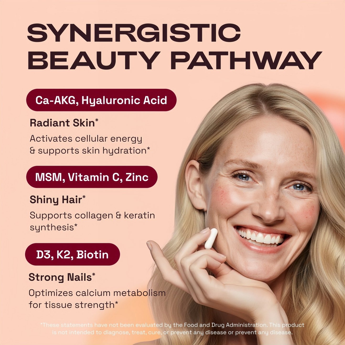 Hair Skin and Nails Supplement with Ca AKG | MSM | Hyaluronic Acid | Biotin | Vitamin C & Vitamin D3 K2 – Supports Radiant Skin, Promotes Shiny Hair & Strong Nails – 90 Capsules