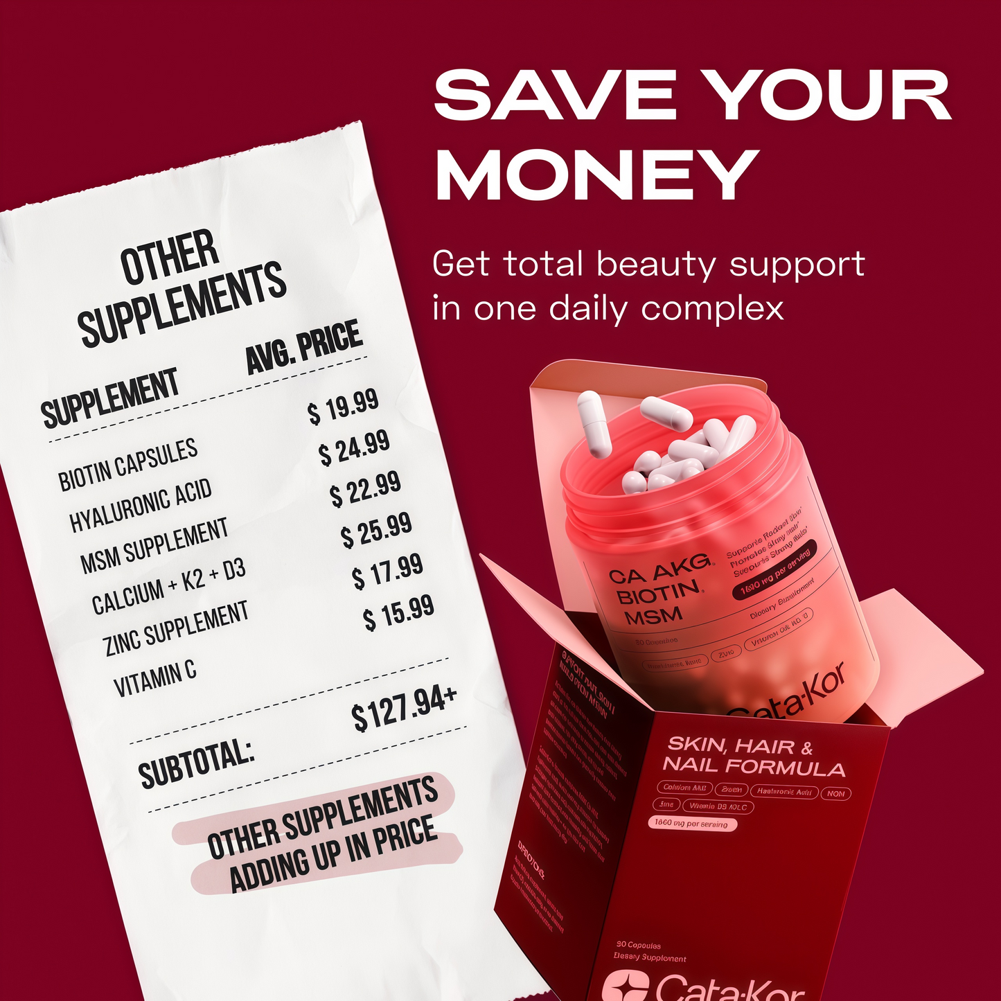 Hair Skin and Nails Supplement with Ca AKG | MSM | Hyaluronic Acid | Biotin | Vitamin C & Vitamin D3 K2 – Supports Radiant Skin, Promotes Shiny Hair & Strong Nails – 90 Capsules